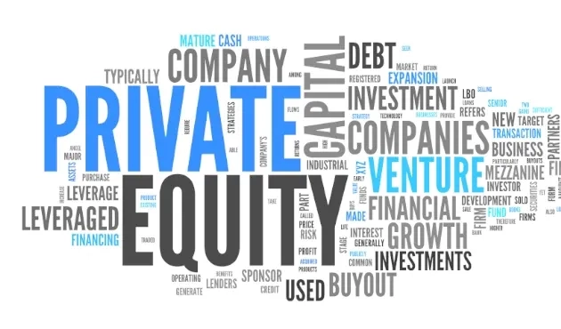 Nube de palabras con colores azules donde destaca la frase private equity